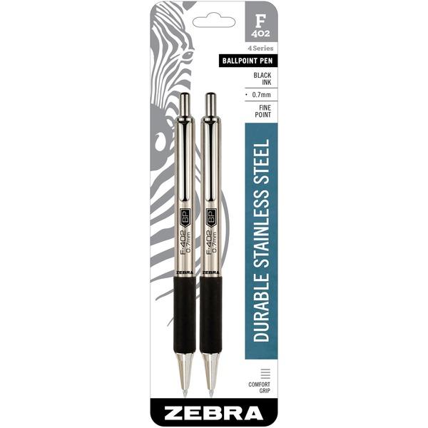 Zebra Pen F402 Retractable Ballpoint Pen - Fine Pen Point - 0.7 mm Pen Point Size - Refillable - Retractable - Black - Stainless Steel Barrel - 2 / Pack