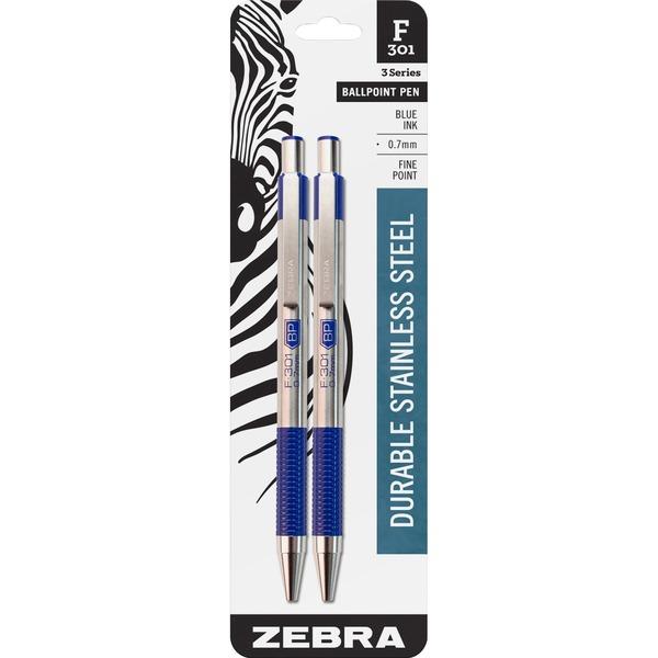 Zebra Pen BCA F-301 Stainless Steel Ballpoint Pens - Fine Pen Point - Refillable - Retractable - Blue - Stainless Steel Barrel - 2 / Pack