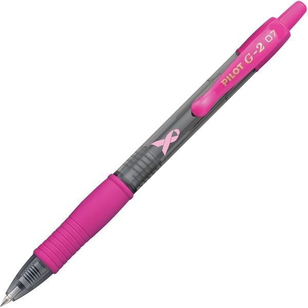 Pilot G2 Breast Cancer Awareness Gel Pen - Fine Pen Point - 0.7 mm Pen Point Size - Refillable - Retractable - Black Gel-based Ink - Pink Barrel - 12 / Dozen