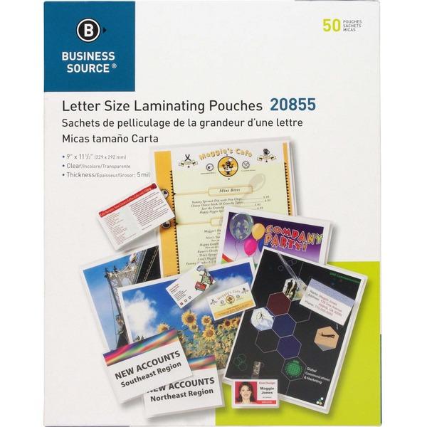 Business Source 5 mil Clear Laminating Pouches - Laminating Pouch/Sheet Size: 9