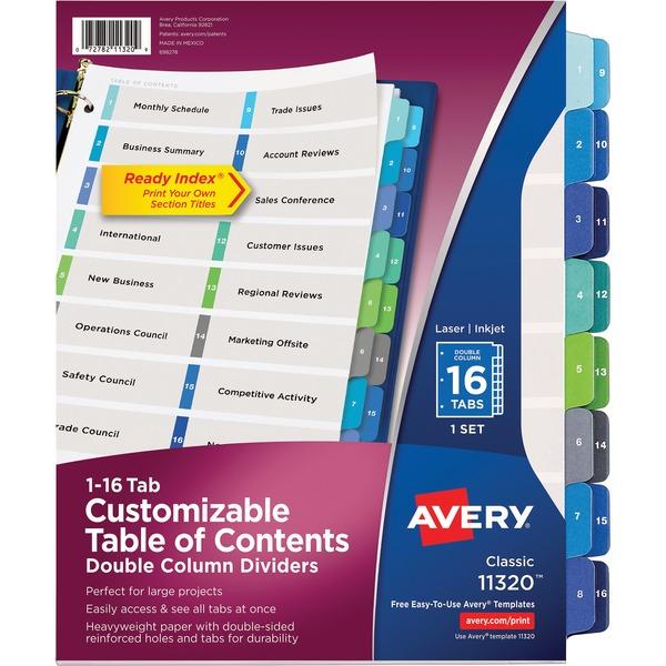 Avery® Ready Index Double-Column Dividers - Customizable Table of Contents - 16 Printed Tab(s) - Digit - 1-16 - 16 Tab(s)/Set - 8.5