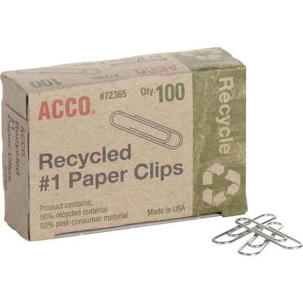 Acco Recycled Paper Clips - No. 1 - 10 Sheet Capacity - Durable, Reusable - 100 / Box - Silver - Metal