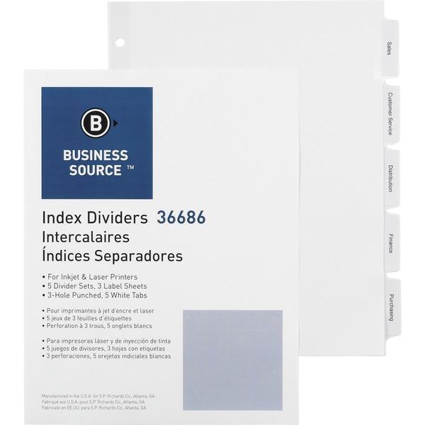 Business Source Punched Tabbed Laser Index Dividers - 5 Blank Tab (S)- 3 Hole Punched - White Paper Divider - White Tab (S)- 5/Pack