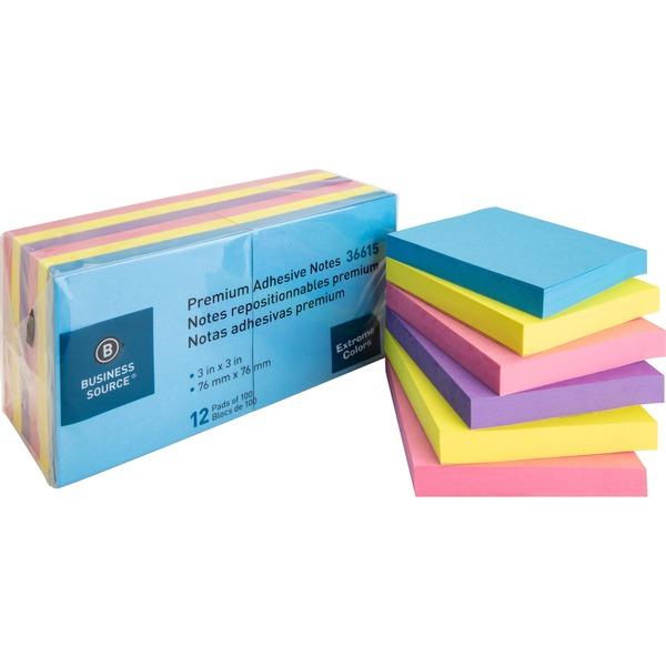 Business Source 3x3 Extreme Colors Adhesive Notes - 100 - 3