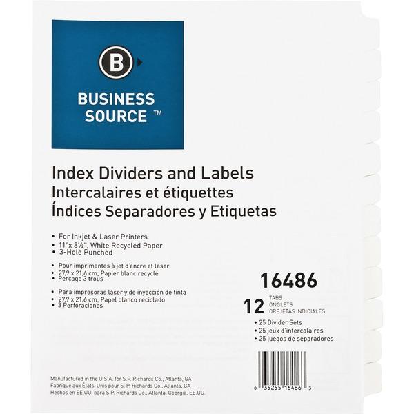  Business Source Customize 12- Tab Index Dividers - 12 X Divider (S)- 12 Print- On Tab (S)- 3 Hole Punched - White Divider - White Tab (S)- 25/Box