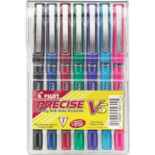 Pilot Precise V5 Extra-Fine Premium Capped Rolling Ball Pens in Pouch - Extra Fine Pen Point - 0.5 mm Pen Point Size - Assorted - Black Plastic, Blue Plastic, Green Plastic, Pink Plastic, Purple Plast