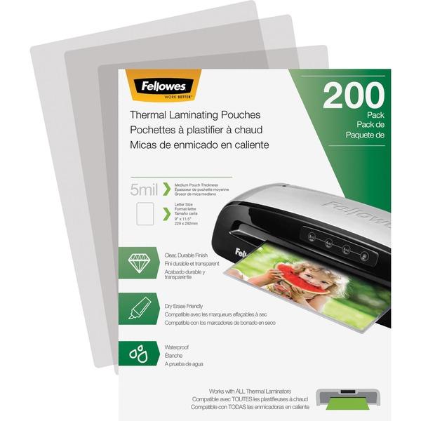  Fellowes Thermal Laminating Pouches - Letter, 5 Mil, 200 Pack - Sheet Size Supported : Letter 8.50 