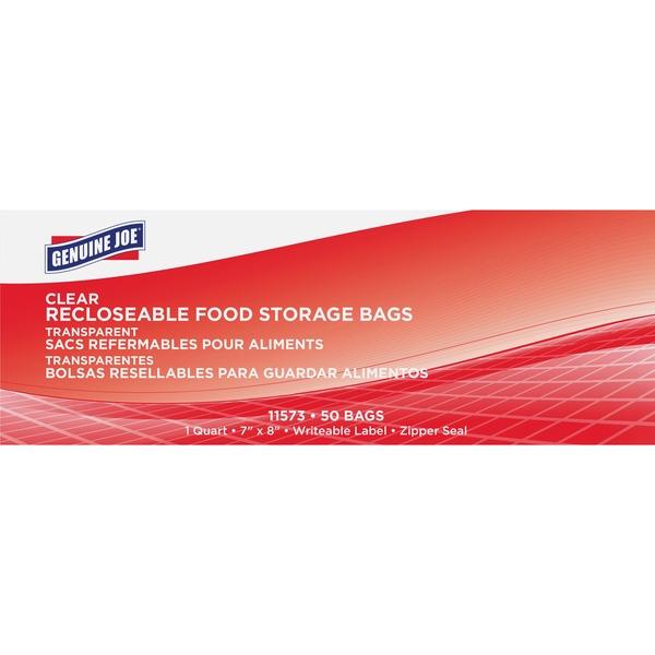 Genuine Joe Food Storage Bags - 1 quart - 1.75 mil (44 Micron) Thickness - Clear - 50/Box - 50 Per Box - Food