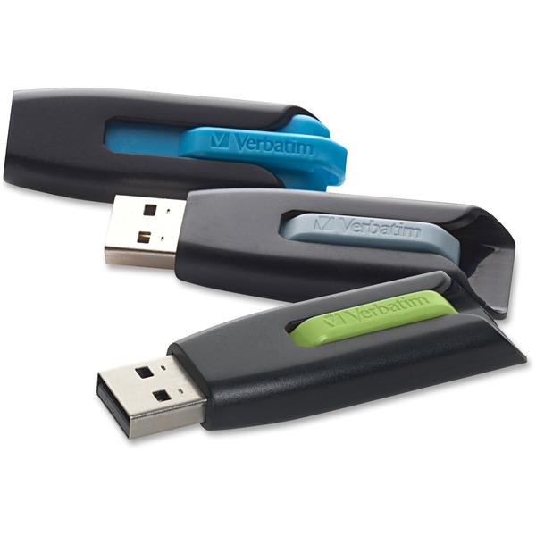 Verbatim 16GB Store 'n' Go V3 USB 3.0 Flash Drive - 3pk - Blue, Green, Gray - 16 GBUSB 3.0 - Blue, Green, Gray - 3 Pack