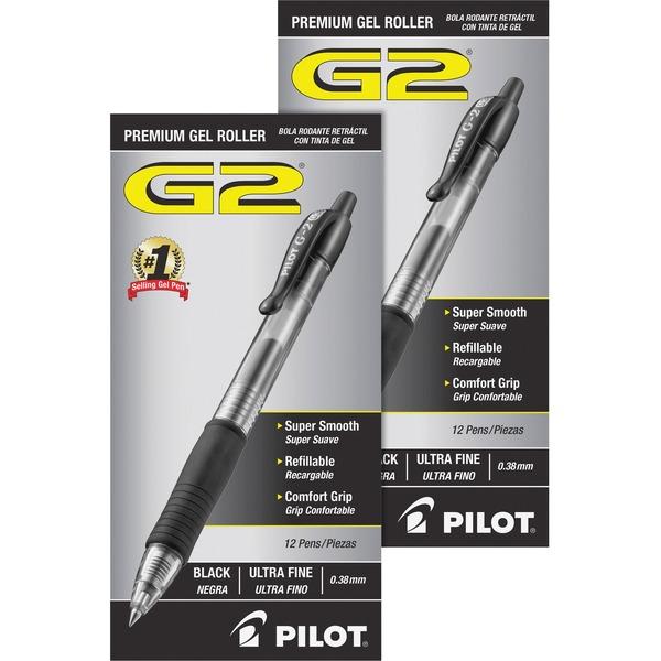 G2 Ultra Fine Retractable Pens - Ultra Fine Pen Point - 0.38 mm Pen Point Size - Refillable - Retractable - Black Gel-based Ink - Clear Barrel - 24 / Bundle