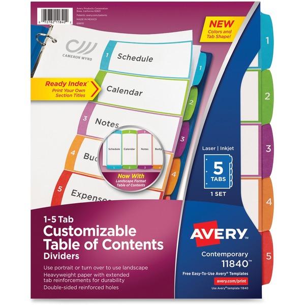 Avery® Ready Index Binder Dividers - Customizable Table of Contents - 5 x Divider(s) - 5 Printed Tab(s) - Digit - 1-5 - 5 Tab(s)/Set - 8.5