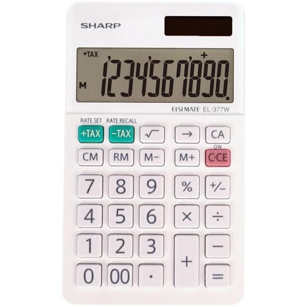 Sharp EL-377WB 10 Digit Professional Handheld Calculator - Extra Large Display, Durable, Plastic Key, Dual Power, 4-Key Memory, Angled Display, Sign Change, Independent Memory - 10 Digits - LCD - Whit