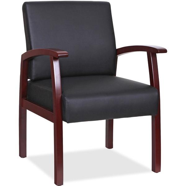 Lorell Black Leather/Wood Frame Guest Chair - Mahogany Wood Frame - Four-legged Base - Black - Leather - 24