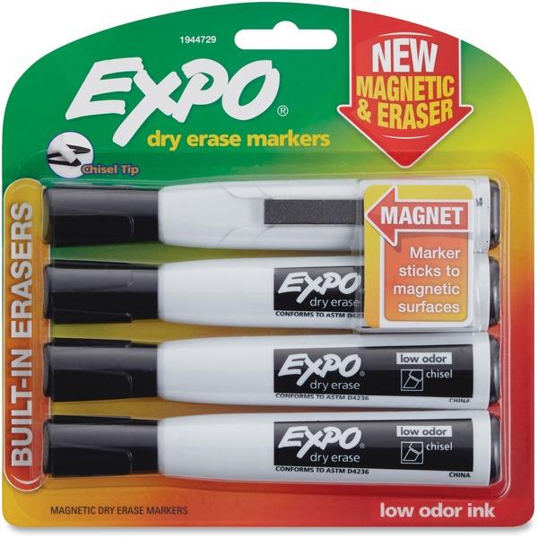 Expo Eraser Cap Magnetic Dry Erase Marker Set - Medium, Fine, Broad Marker Point - Chisel Marker Point Style - Black - 4 / Pack
