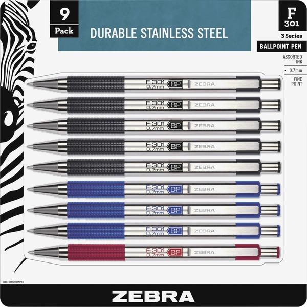 Zebra Pen BCA F-301 Stainless Steel Ballpoint Pens - Fine Pen Point - Refillable - Retractable - Black - Stainless Steel Barrel - 9 / Pack