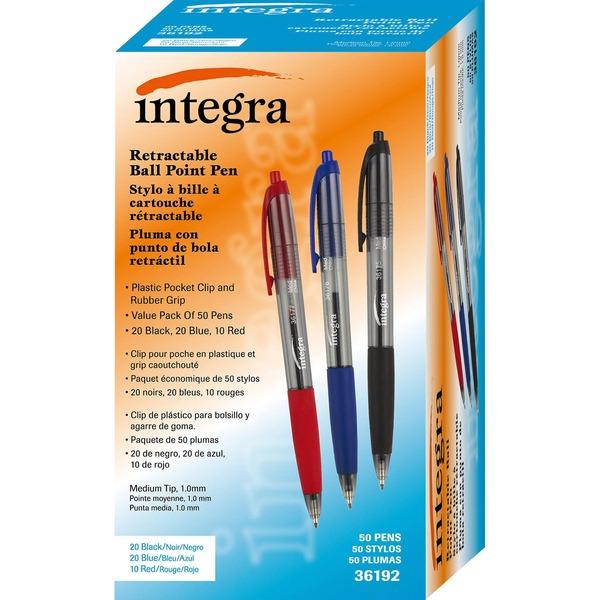 Integra 1.0mm Retractable Ballpoint Pen - Medium Pen Point - 1 mm Pen Point Size - Retractable - Assorted - 50 / Box