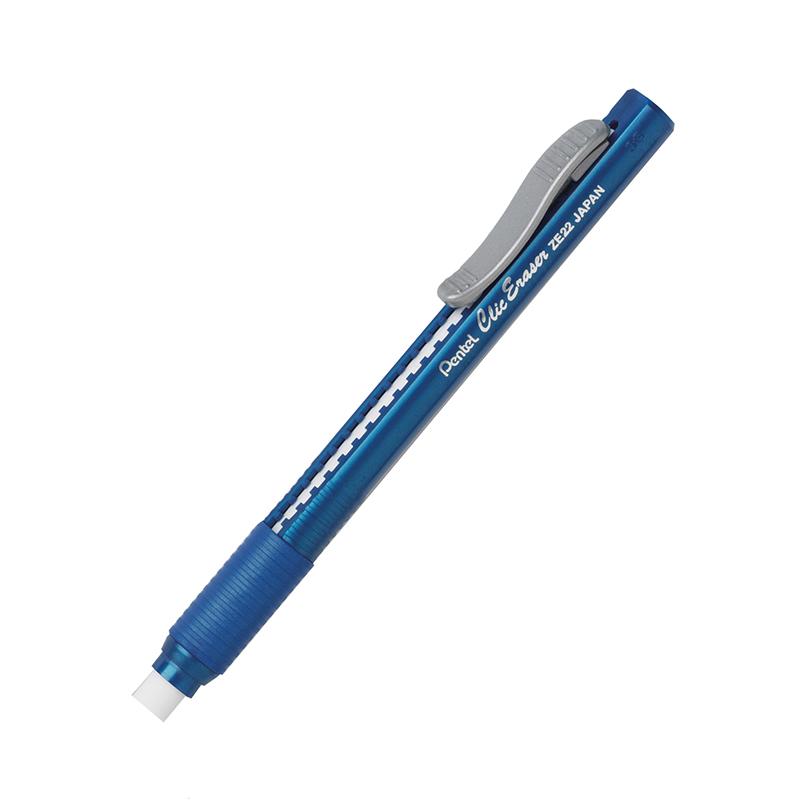 Pentel Rubber Grip Clic Eraser - Blue - Pen - Refillable - Lead Pencil - 12 / Box - Tear Resistant, Latex-free Grip, Pocket Clip, Ghost Resistant, Scratch Resistant, Retractable