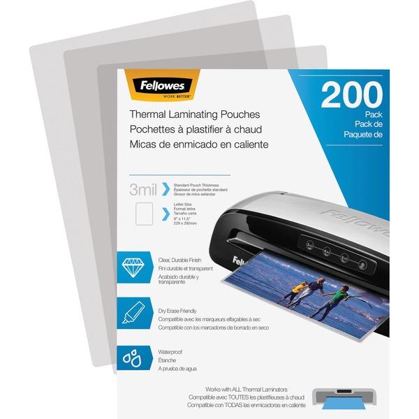 Fellowes Thermal Laminating Pouches - Letter, 3 mil, 200 pack - Sheet Size Supported: Letter 8.50