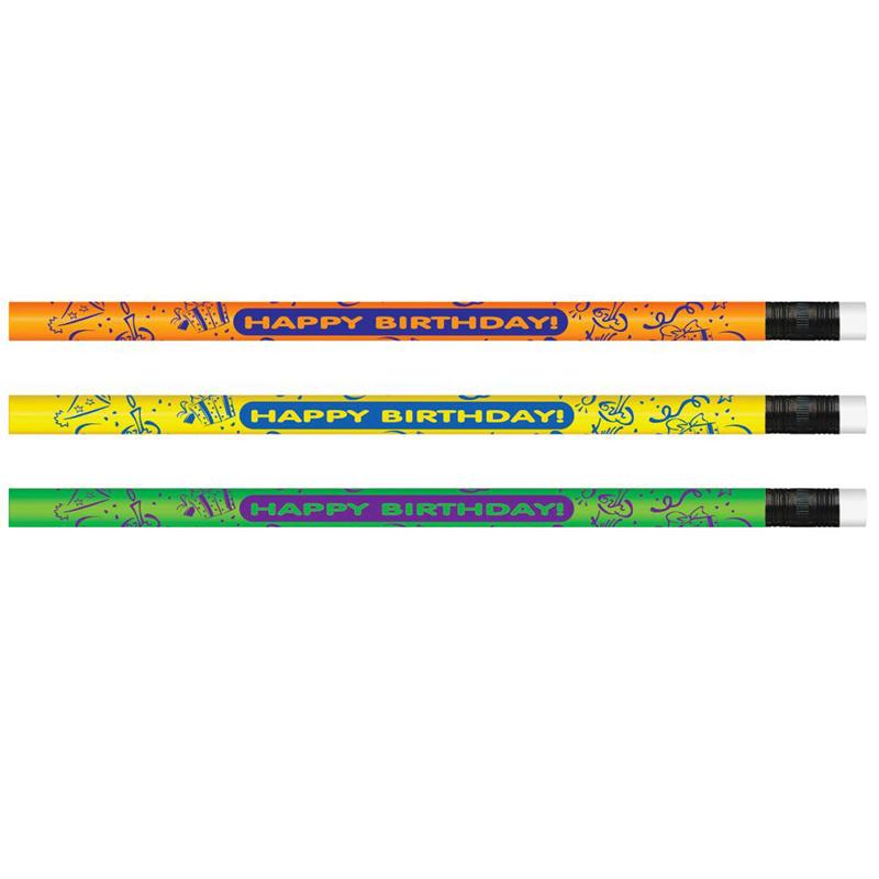  Moon Products Neon Happy Birthday Design Pencils - # 2 Lead - Assorted Bright Barrel - 12/Dozen