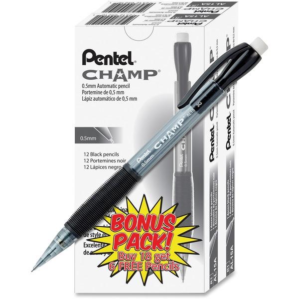 Pentel Champ Mechanical Pencils - HB Lead - 0.5 mm Lead Diameter - Refillable - Black Lead - Black Barrel - 24 / Pack