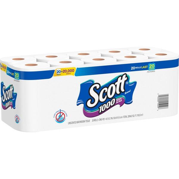 Scott 1000 Sheets Per Roll Toilet Paper - 1 Ply - 1000 Sheets/Roll - White - Long Lasting, Septic Safe - For Bathroom, Toilet, Hand - 40 / Carton