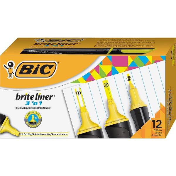 BIC Brite Liner 3'n-1 Highlighter - Yellow - 12 / Dozen