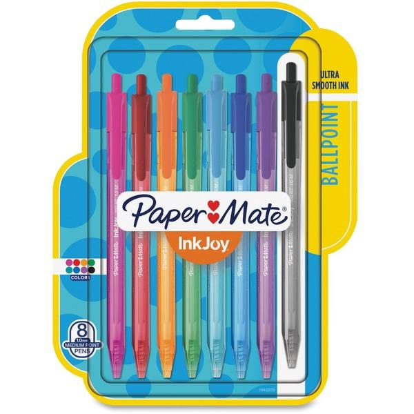 Paper Mate InkJoy 100 RT Pens - Medium Pen Point - 1 mm Pen Point Size - Retractable - Assorted - Translucent Barrel - 8 / Pack