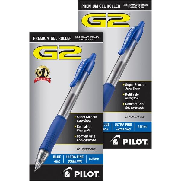 G2 Ultra Fine Retractable Pens - Ultra Fine Pen Point - 0.38 mm Pen Point Size - Refillable - Retractable - Blue Gel-based Ink - Clear Barrel - 24 / Bundle