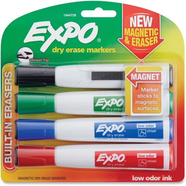 Expo Eraser Cap Magnetic Dry Erase Marker Set - Medium, Fine, Broad Marker Point - Chisel Marker Point Style - Assorted - 4 / Pack