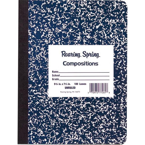 Roaring Spring Blue Marble Composition Book - 100 Sheets - Plain - Sewn/Tapebound - Unruled - 15 lb Basis Weight - 9 3/4
