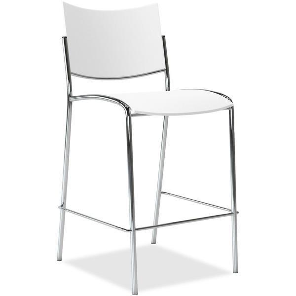 Mayline Escalate - Stackable Stool - White Plastic Seat - White Plastic Back - Silver Frame - Four-legged Base - 18