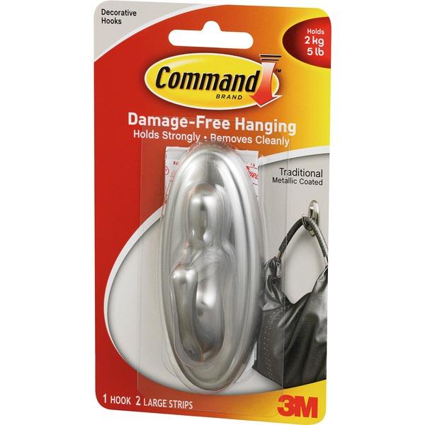 Command Traditional Hook - Large - 5 lb (2.27 kg) Capacity - for Decoration, Indoor - Plastic - Metallic Silver - 1 Pack