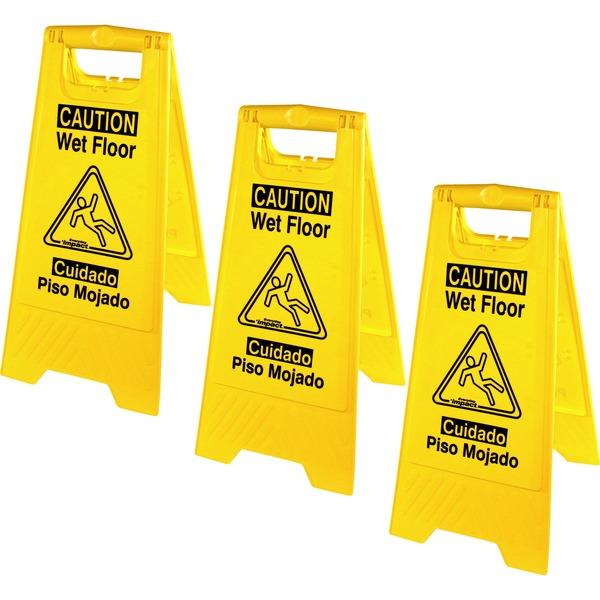 Genuine Joe Universal Graphic Wet Floor Sign - 3 / Bundle - Wet Floor Print/Message - Foldable - Yellow