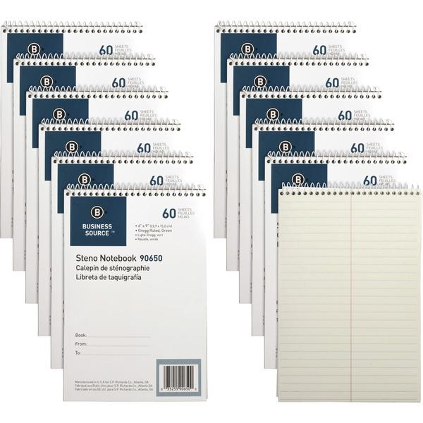 Business Source Green Tint Steno Notebook - 60 Sheets - Coilock - Gregg Ruled - 6