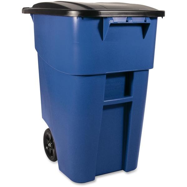 Rubbermaid Commercial Brute Rollout Container with Lid - Swing Lid - 50 gal Capacity - Mobility, Heavy Duty, Wheels, Lid Locked, Rounded Corner - Blue