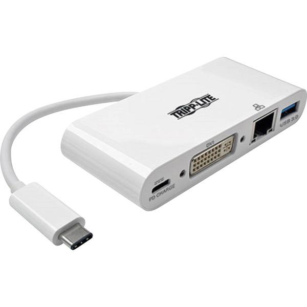 Tripp Lite USB C to DVI Multiport Video Adapter Converter w/ USB-A Hub, USB-C PD Charging, Gigabit Ethernet Port , Thunderbolt 3 Compatible, USB Type C to DVI, USB Type-C - for Notebook/Tablet PC/Desk