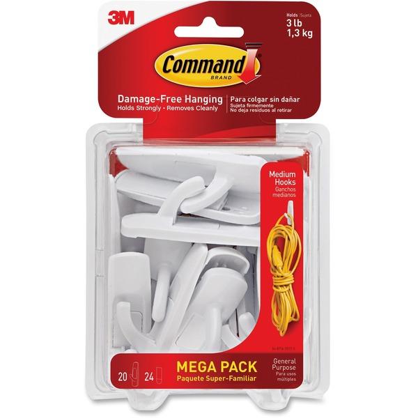  Command Medium Utility Hook Mega Pack - 3 Lb (1.36 Kg) Capacity - For Multipurpose, Paint, Wood, Tile - White - 20/Pack