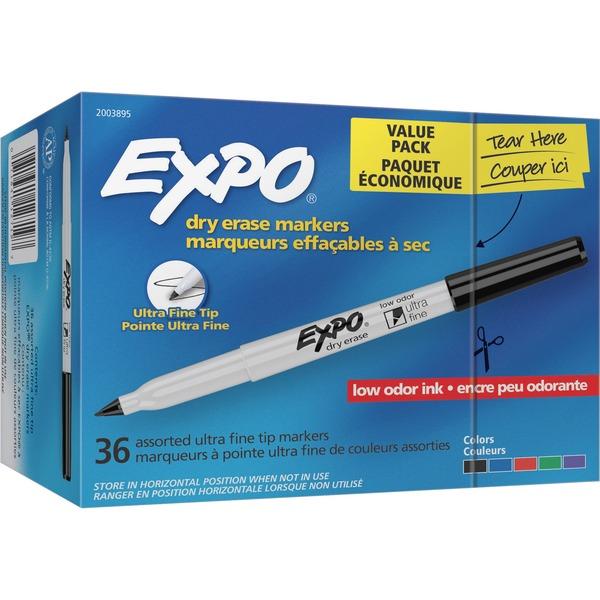 EXPO Low-Odor Dry-erase Markers - Ultra Fine Marker Point - Chisel Marker Point Style - Green, Blue, Black, Red, Purple Alcohol Based Ink - 36 / Pack