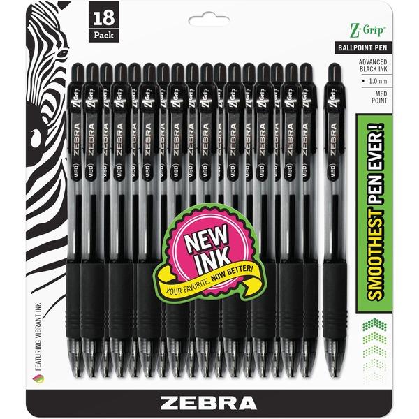 Zebra Pen Z-Grip Retractable Ballpoint Pens - Medium Pen Point - 1 mm Pen Point Size - Retractable - Black - 18 / Pack