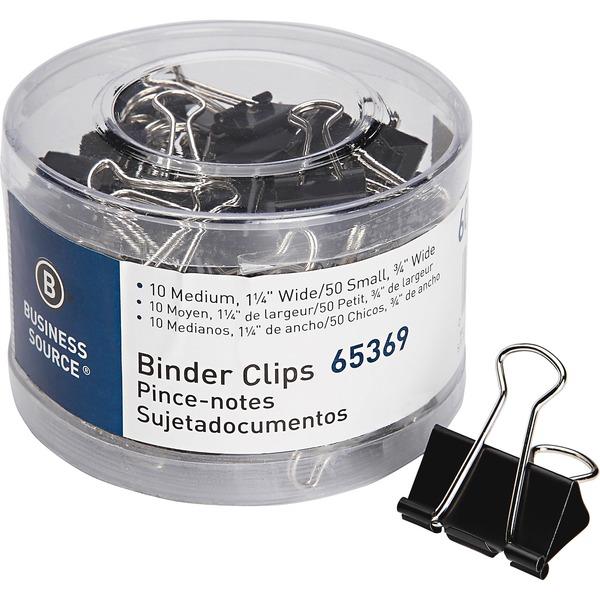  Business Source Small/Medium Binder Clips Set - Small, Medium - For Paper, Project, Document - 60/Pack - Black - Steel, Zinc