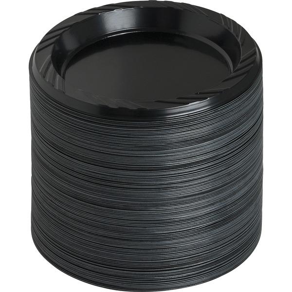 Genuine Joe Round Plastic Black Plates - 125 / Pack - 6