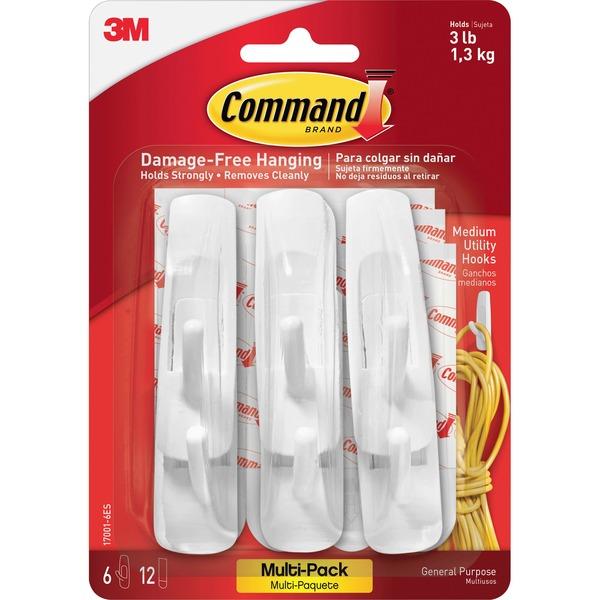  Command Medium Utility Hook Value Pack - For Home, Office - White - 6/Pack