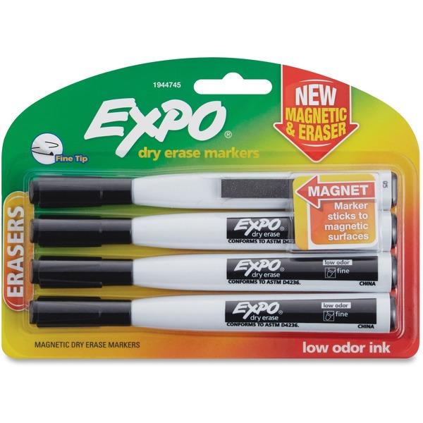 Expo Eraser Cap Fine Magnetic Dry Erase Markers - Medium, Fine, Broad Marker Point - Black - 4 / Pack