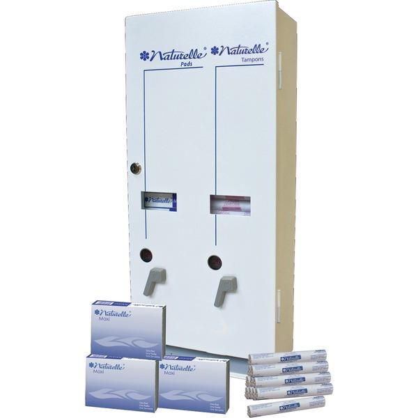 Impact Products Dual Vendor Hygiene Dispenser - 12 x Sanitary Napkin, 19 x Tampon - Metal - White - Window, Locking Coin Box