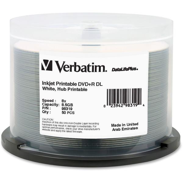 Verbatim DVD+R DL 8.5GB 8X DataLifePlus White InkJet Printable, Hub Printable - 50pk Spindle - 120mm - Printable - Inkjet Printable