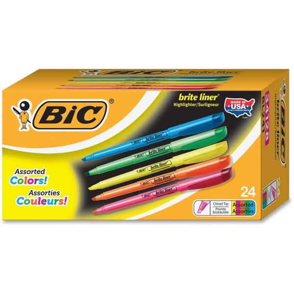  Bic Brite Liner Highlighters - Chisel Marker Point Style - Fluorescent Pink, Fluorescent Yellow, Fluorescent Blue, Fluorescent Green, Fluorescent Orange Water Based Ink - 24/Set