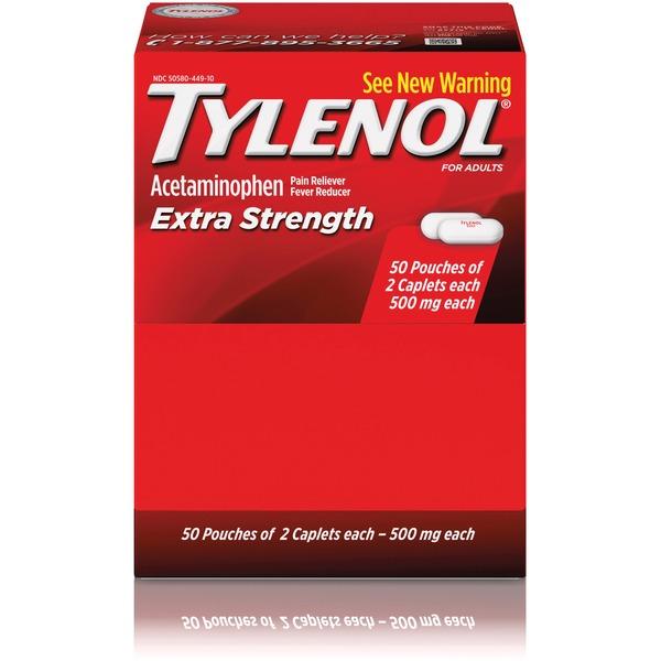 Tylenol Extra Strength Caplets - For Headache, Fever, Muscular Pain, Backache, Arthritis, Common Cold, Toothache, Premenstrual Cramp, Menstrual Cramp - 50 / Box - 2 Per Packet