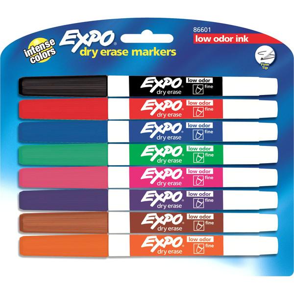 Expo Low- Odor Dry- Erase Fine Tip Markers - Fine Marker Point - Black, Blue, Turquoise, Aqua, Green, Lime, Pink, Red - 8/Set