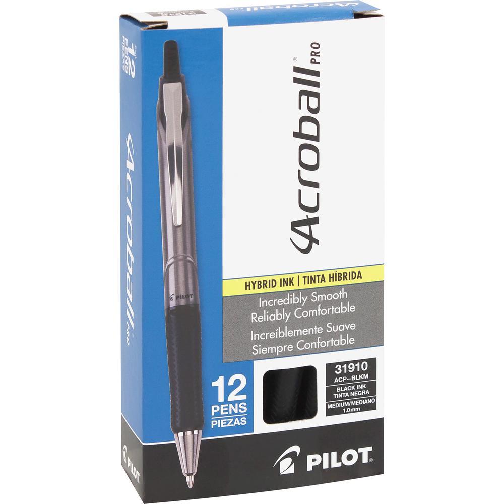 Pilot Acroball Pro Hybrid Ink Ballpoint Pen - Medium Pen Point - 1 mm Pen Point Size - Refillable - Retractable - Black Advanced Ink Ink - Silver Barrel - Tungsten Carbide Tip - 1 Each