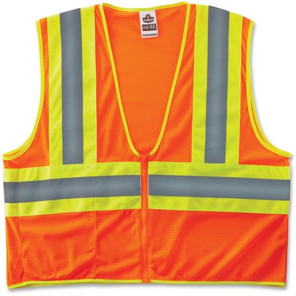 GloWear Class 2 Two-tone Orange Vest - Reflective, Machine Washable, Lightweight, Pocket, Zipper Closure - Small/Medium Size - Polyester Mesh - Orange - 1 / Each